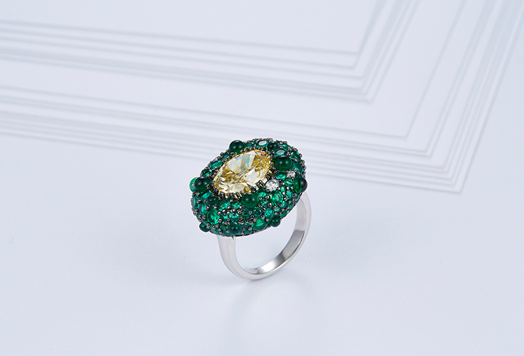 欧美设计圆形大锆石绿宝石纯银戒指S925银戒子外贸首饰银饰品厂家