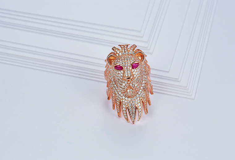 欧美设计狮子头红宝石纯银戒指S925银戒子外贸首饰银饰品厂家直销